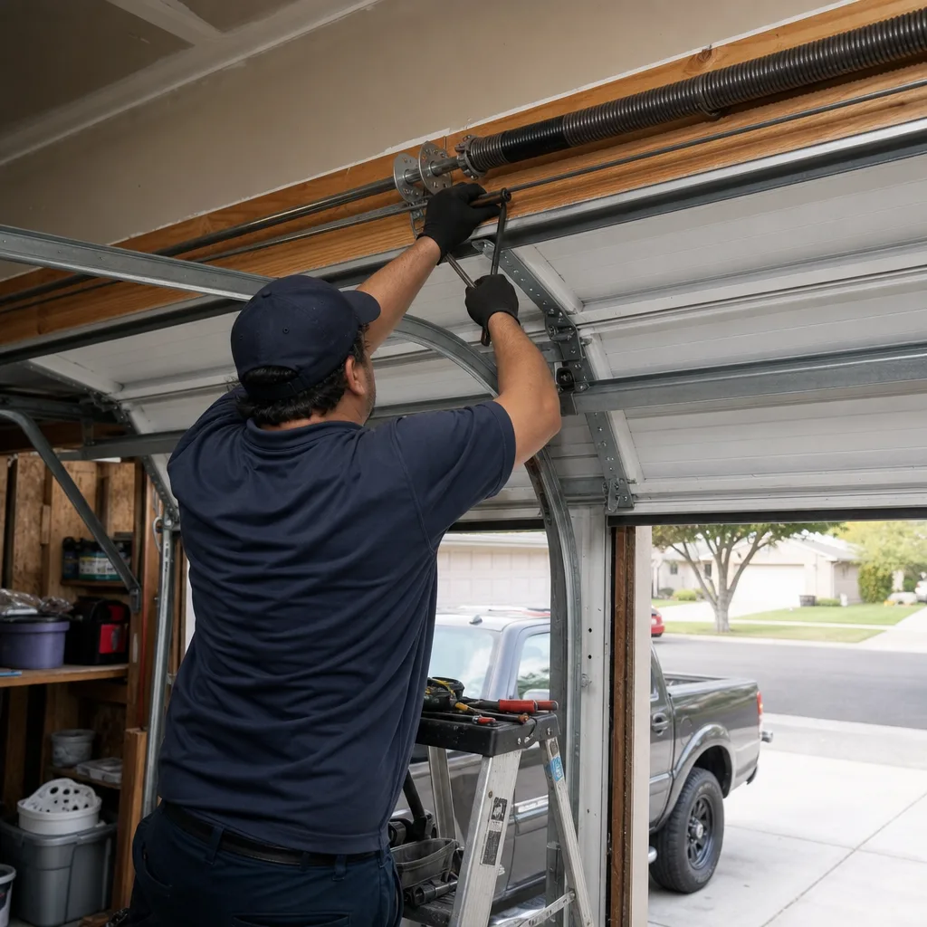 Technician performing emergency garage door repair on a torsion spring system