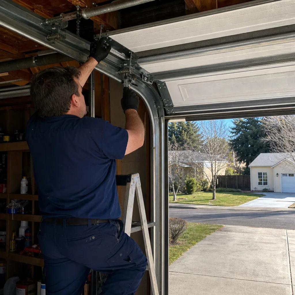 Professional garage door repair technician working on overhead track and hardware