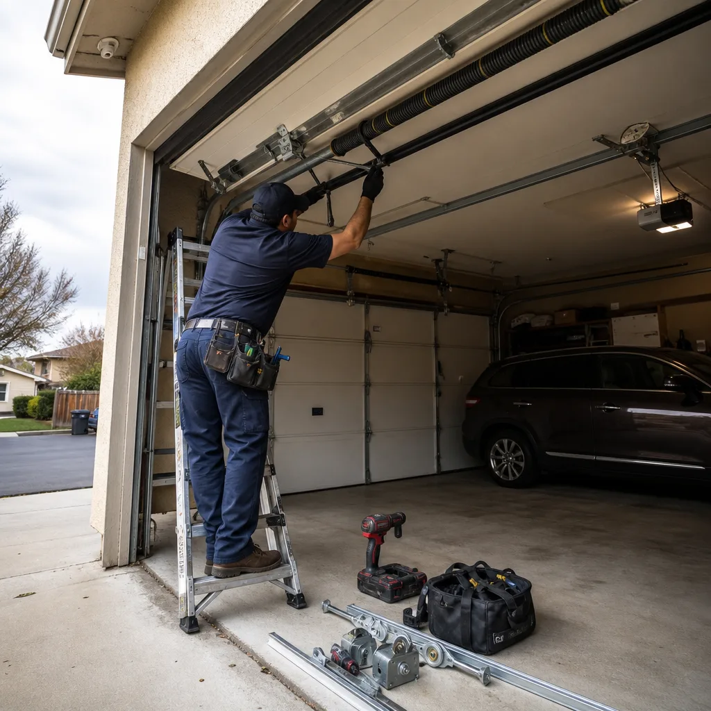 Technician performing professional garage door parts repair and maintenance